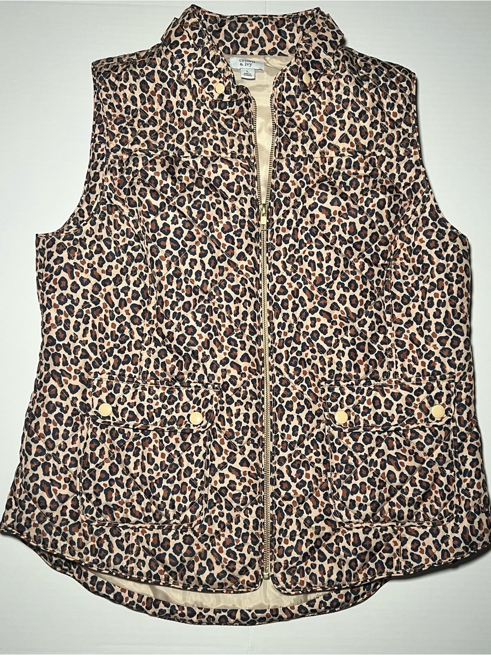 Crown & Ivy Leopard Print Quilted Vest Size L Gold Tone Zip Animal Print